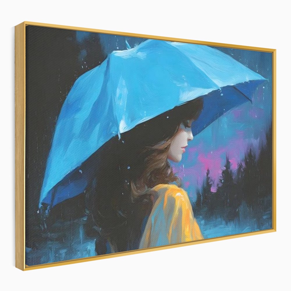 Tablou canvas cu pictura cu femeie sub umbrela albastra, in rama de aluminiu auriu